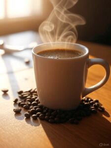 Steaming mug of medium-roast coffee with coffee beans, morning sunlight